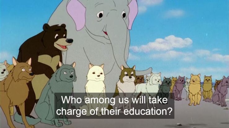 a lot of wolves in weird colours, a bear, an elephant and 'who among us will take charge of their education'. The drawing quality is not good.